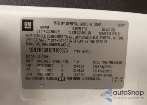 2008 Chevrolet Tahoe Ltz z USA, uszkodzony, nr VIN 1GNFK13018R189875